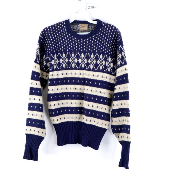 Vintage 50s Fair Isle Geometric Wool Sweater Blue